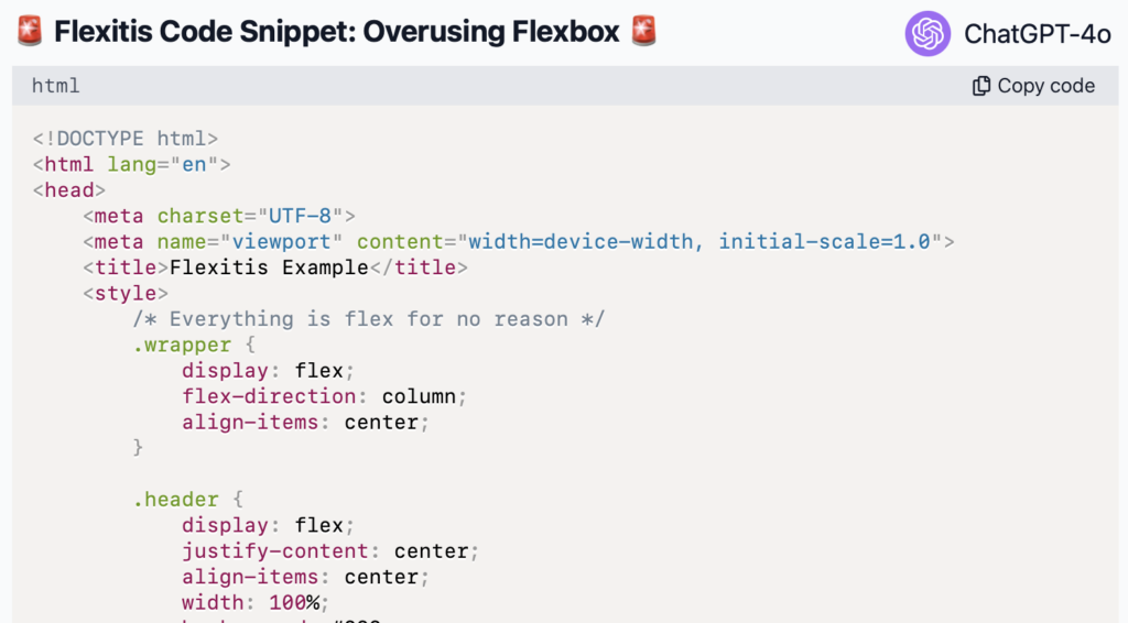 Example of HTML/CSS with the overuse of Flexbox, known as Flexitis